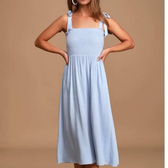 Lulu’s Looking Up Light Blue Smocked Tie-Strap Midi Dress Size XS - Picture 1 of 6